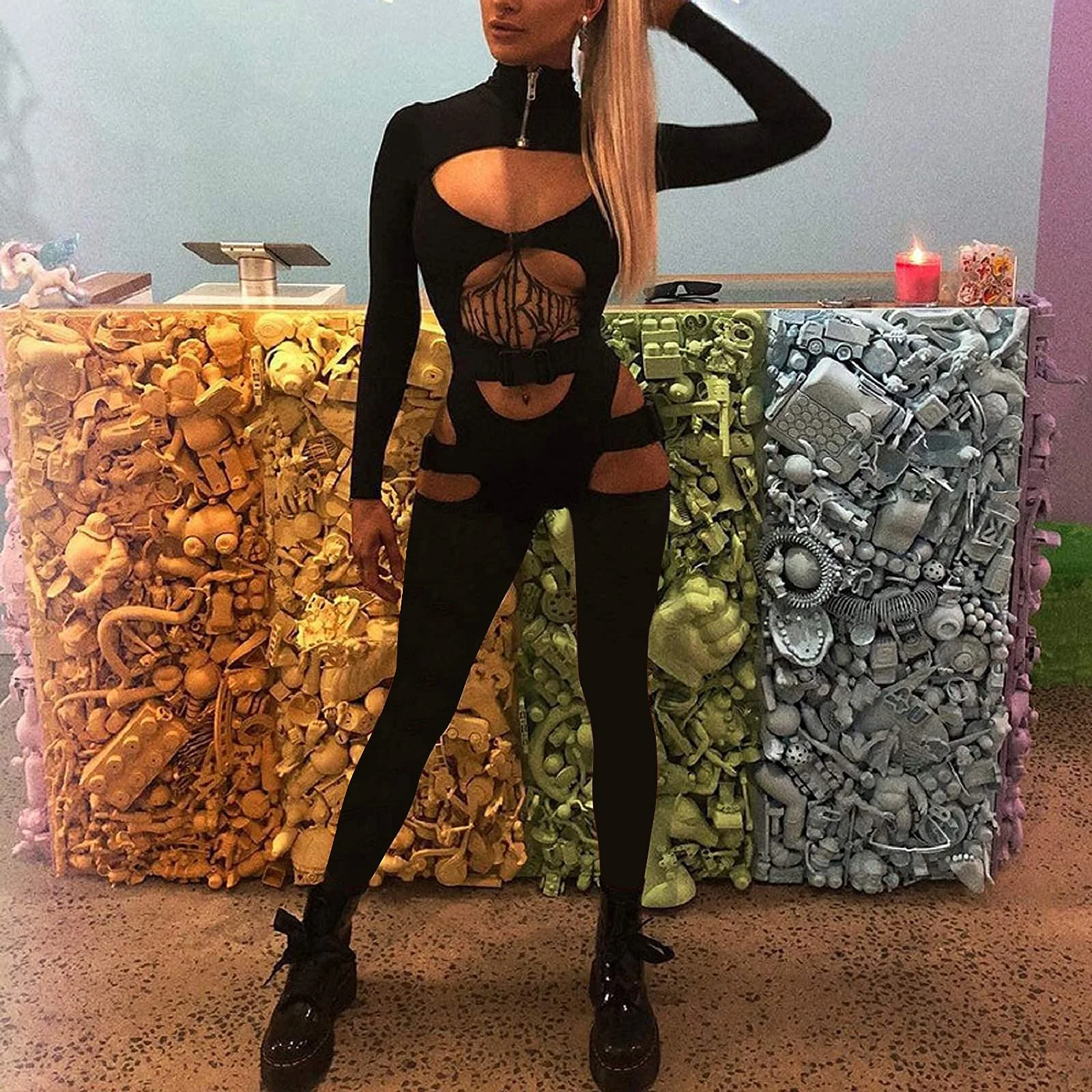 

Women's Sexy Hollow Out Jumpsuits Solid Color Turtleneck Long Sleeve Autumn Overalls With Release Buckle Design Fall Streetwear