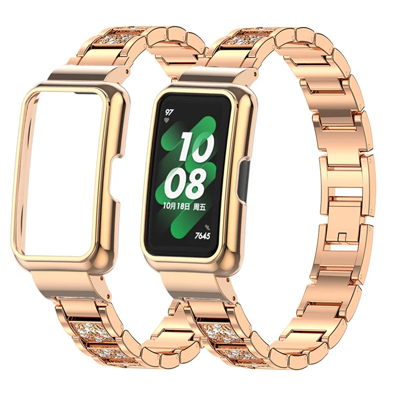

Diamond Metal Strap Case Protector for Huawei Band 7 Watchband for Honor band 6 7 Bracelet for huaweiband 6 Pro Protective Shell