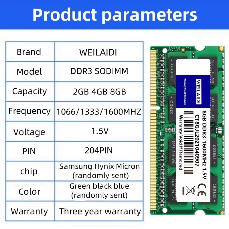 노트북용 DDR3 SODIMM RAM 2GB 4GB 8GB 1066MHz 1333MHz 1600MHz PC3-12800S 8500S 10600S 1.5V 204핀 노트북 메모리 업그레이드