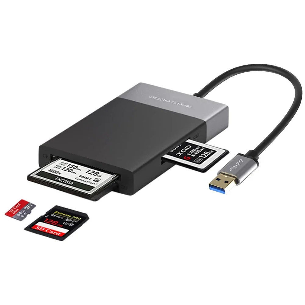 

USB 3.0 Type A 6in1 Hub Splitter Box Multiport External Card Reader with SDHC TF CF XQD Memory Card Ports for Laptop PC DSLR