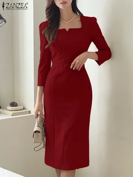 2025 ZANZEA Elegant Women Office Lady Dresses Sexy Square Collar Solid Knee-Length Sundress Casual Belted Fashion Shirt Robe 1