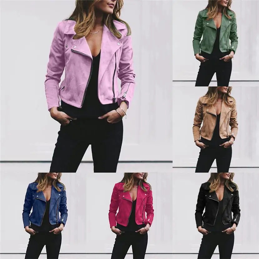 

New Women's Lapel Oblique Zipper Short Women's Top Solid Reversed Leather Jacket Casual Coat