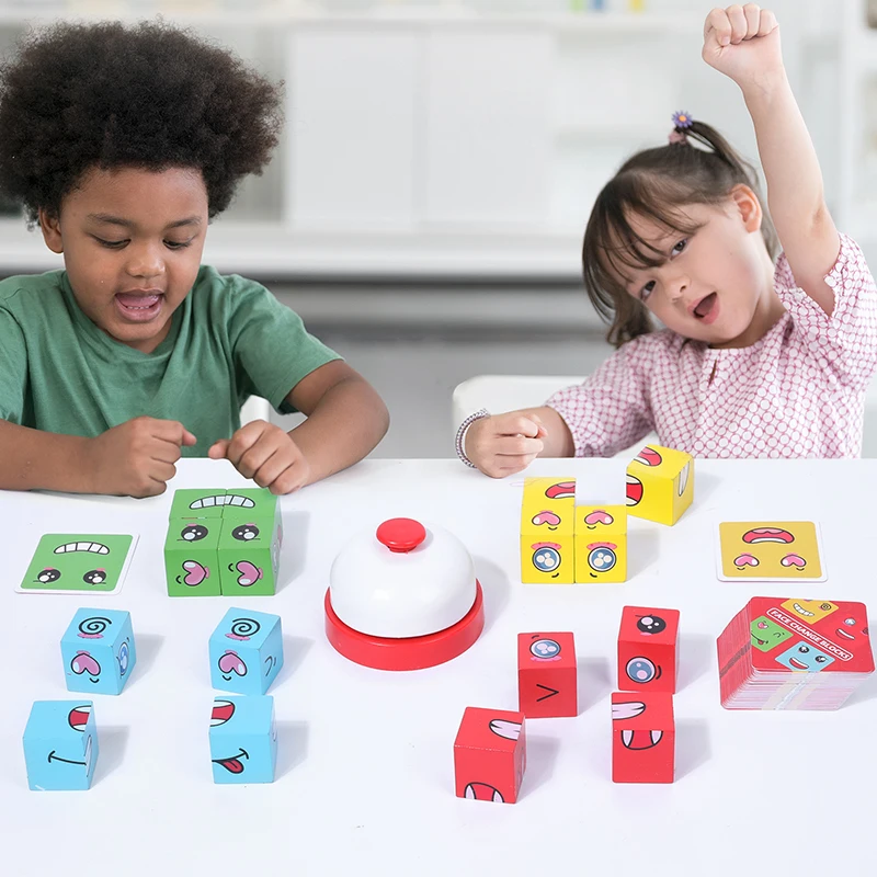 Zalati Puzzle Cubi Facciali In Legno - Gioco Educativo Montessori Con 64 Carte Emoji E 16 Cubi Colorati Per Bambini 3+
