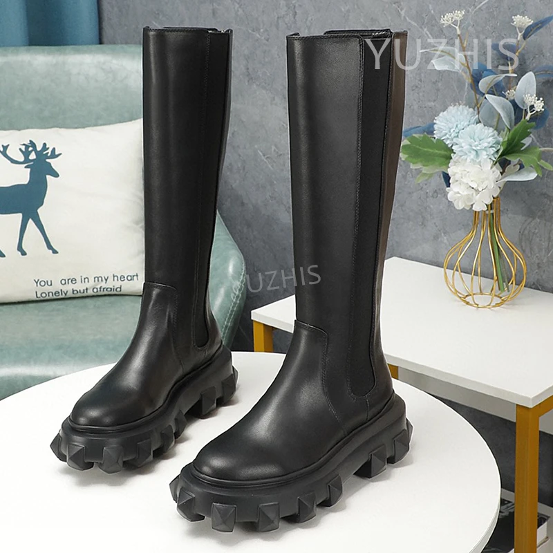 

New Arrival Autumn Winter Luxury Knight Boots Real Leather Knee High Boots Woman Rivet Platform Round Toe Thick Sole Long Boots