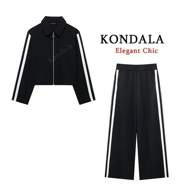 KONDALA Women Casual Pant Set Side Stripe Jacket  Zipper Jacket Wide Leg Pant 2 Pieces Set 2025 Spring Autumn Fashion Women Suit 3