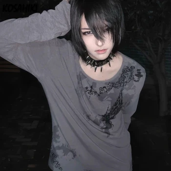 Streetwear Punk Vintage Gray Printing T-Shirt 2026 Y2k Aesthetic Grunge Loose Tshirts Harajuku Men and Women Casual Autumn Tops 1