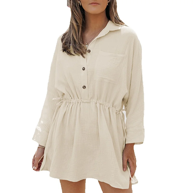 

Leisure Commuter Solid Color Waist Dress Women's Summer New Pocket Button High Knee Length Short Women
