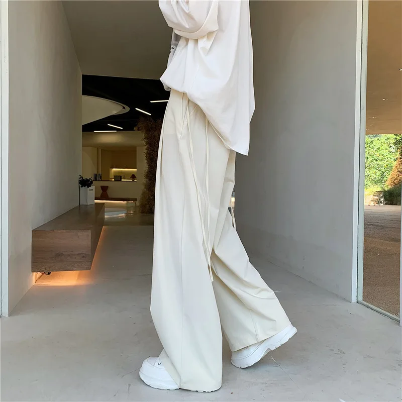 Korean Vintage Design Lace Up Suit Pants for Men's Spring Summer Straight Leg Wide Leg Casual Baggy Pants Street Men Clothing