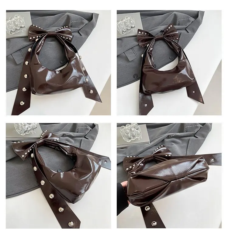 JIAERDI Fairy Core Aesthetic Pink Bow Shoulder Bags For Women Versatile Rivet Pu Leather Y2k Handbag Hot Girls Underarm Bag 2025