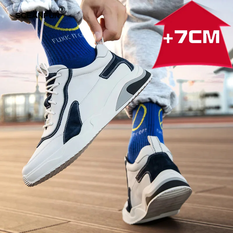 Fashion genuine leather elevator shoes men casual lift sneakers height increase insole 7cm tall skateboard shoes man Leisure 4
