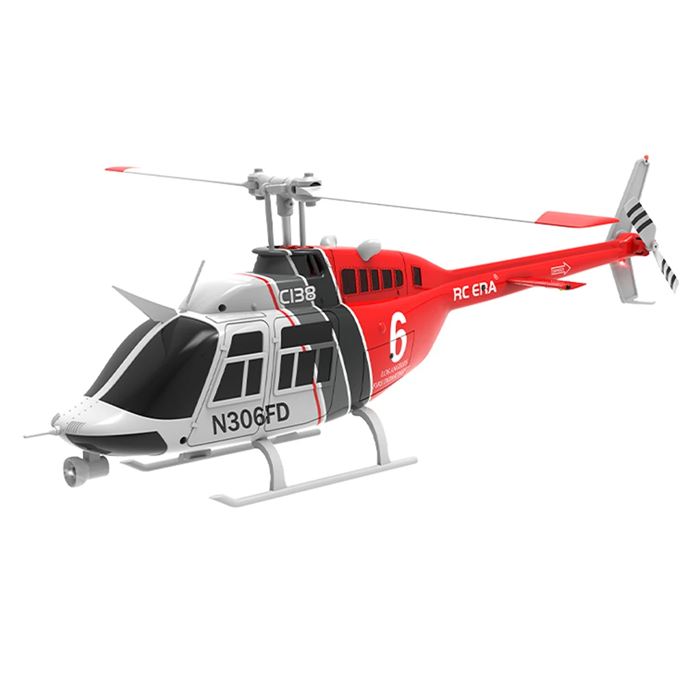 Hélicoptère RC Bell-206 ERA C138 posé sur une surface plane, montrant son train d'atterrissage et ses pales.