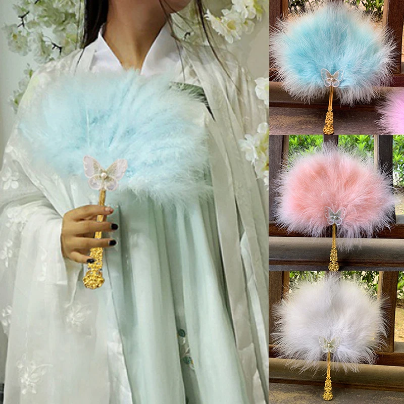 

Sweet Feather Folding Fan Lolita Feather Folding Fan Japanese Fairy Girl Court Dance Hand Fan Wedding Party Accessory