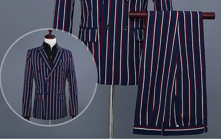 White red Double Striped Navy blue Suit Tuxedo Men's Wedding Party Dress Jacket and Pants Fashion Slim Men Blazer Coat Trousers