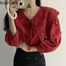 

Koamissa Womens Blouses Puff Long Sleeve OL Shirts Korean style Lace Peter pan Collar Blouse Elegant Lace-up Fashion Solid Tops