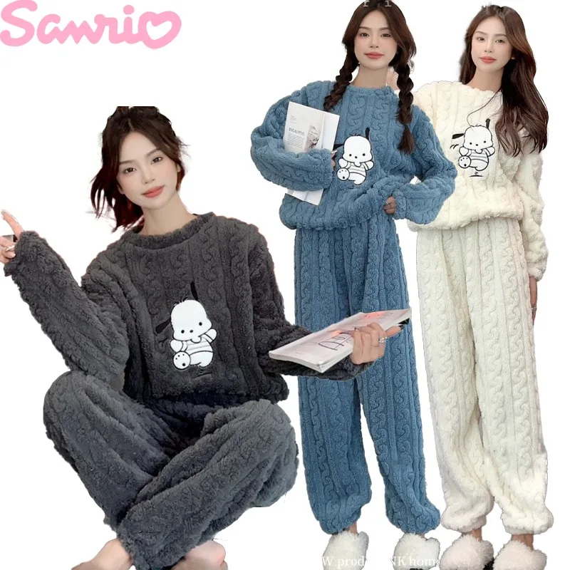 

Sanrio Hello Kitty Cinnamoroll Pachacco Winter Pajama Set for Women Clothes Thicken Warm Pyjamas Homewear Soft Pijama Hoodies