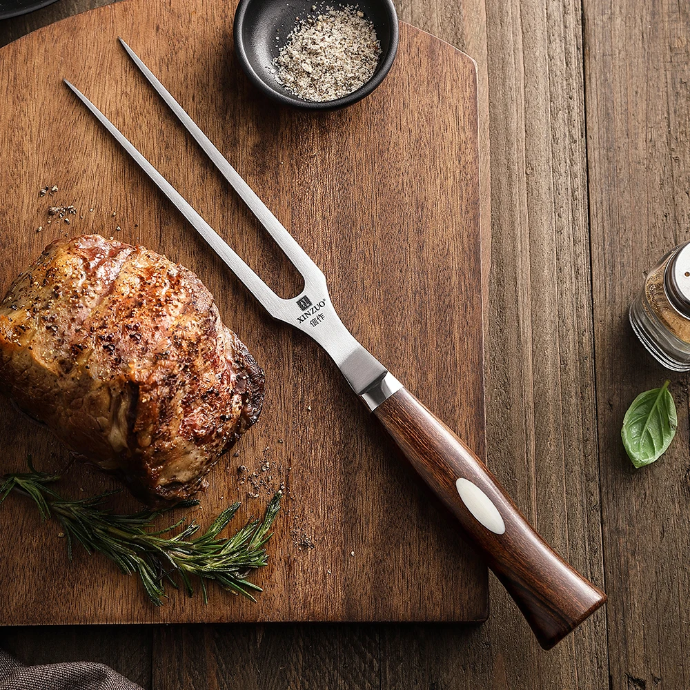 XINZUO Forged Carving Fork Damascus Carving Knife Outdoor BBQ North America Desert Ironwood Handle Accessories Tools