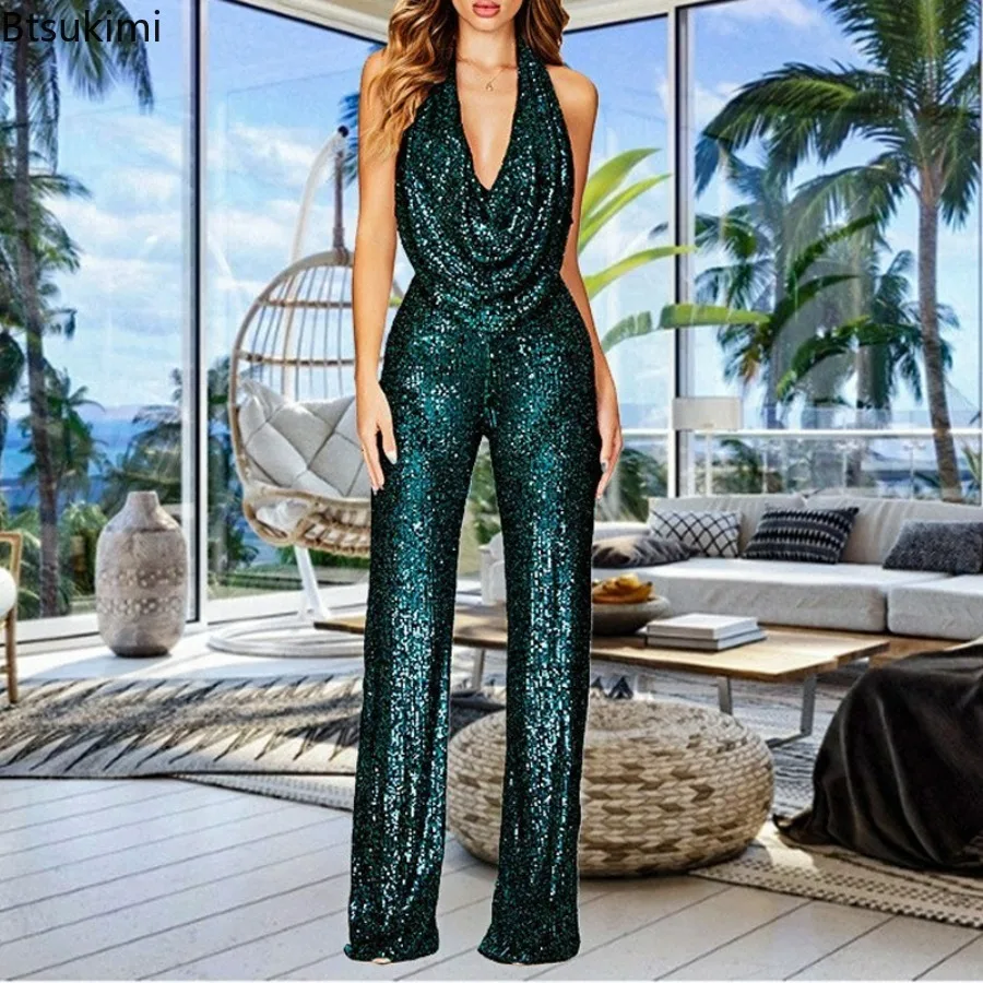 New Sequin Jumpsuit Women 2024 Spring Summer Sleeveless Hanging Neck Sequin Wide Leg Jumpsuits Lady Outfits Club Party Outfits zoctuo jumpsuits bead sequin sleeveless lady club party banquet one piece wide leg pants for women festival street rompers 2023