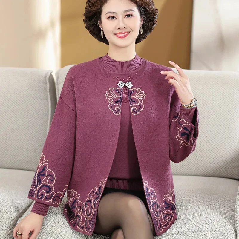

New Spring Autumn Noble Mother Wool Sweater Set 2PCS High Quality Knitted Cashmere Cardigan Middle Aged Women Short Sweater Coa
