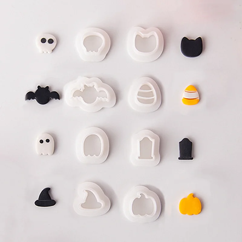8Pcs/set Mini Halloween Polymer Clay Earrings Mold Cute Bat Ghost Shape Jewelry Pendant Soft Pottery Cutting Die Making Tools