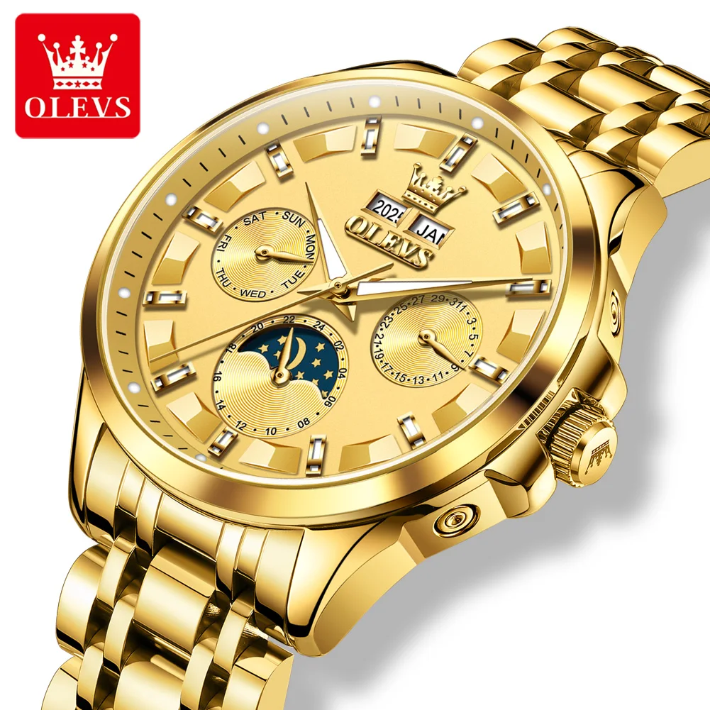 OLEVS 7070 Watch For Men Tourbillon Mechanical Fashion Wristwatch 30M Waterproof Two Location Time Display Man Moon Watches