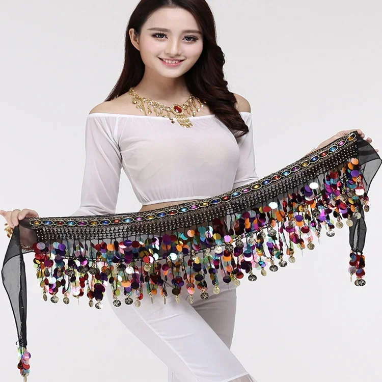 

Female belly dance Waist Chain High grade Belt Training Clothing Waist Seal Sequins Indian Dance Waist Scarf