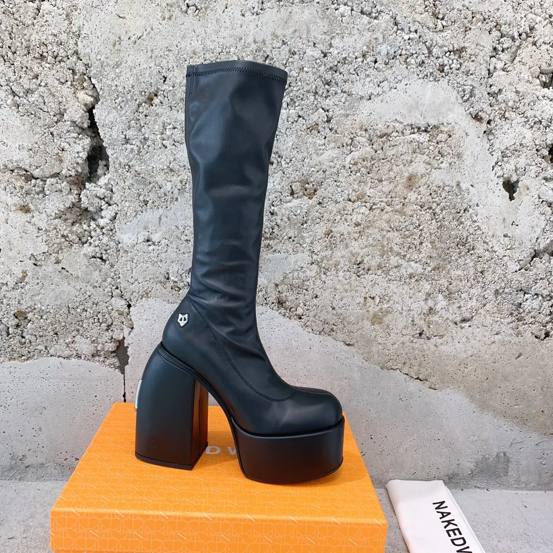 Wolfe Spice-Botas elásticas negras para mujer, zapatos de tacón de 130mm, 55mm, plataforma con logotipo de la marca Vipol 9992309232102