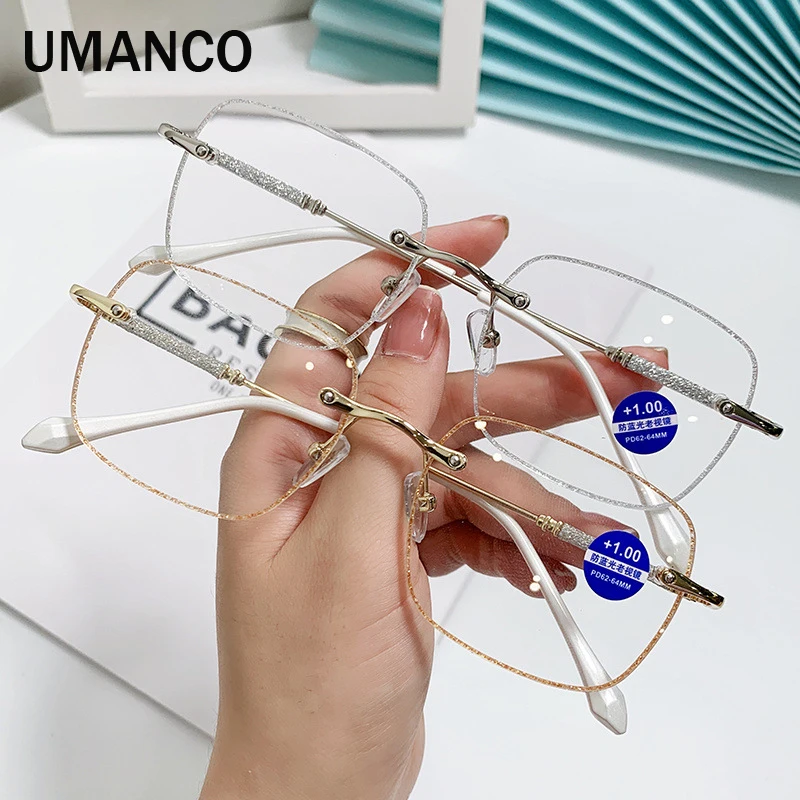 

Trendy Rimless Square Women's Reading Glasses Anti Blue Light Lenses Elders Presbyopia Farsighted Glasses +1.0+1.5+2.0+2.5+3.0