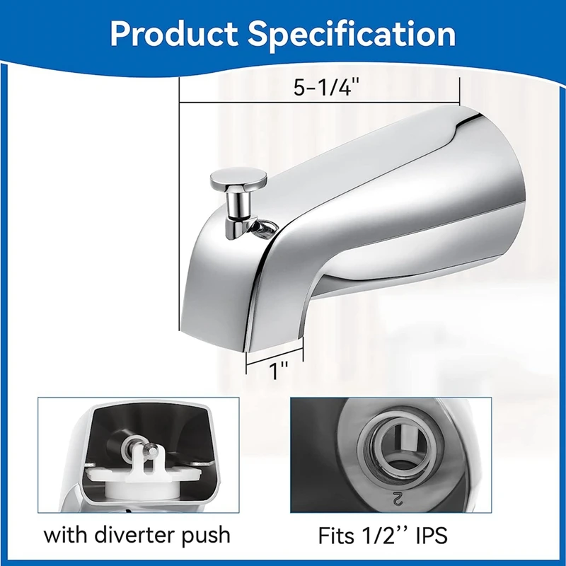 Bathroom Tub Spout,5 1/4 Inches Reach Wall Front Mount With Shower Diverter 1/2In IPS Inside Thread Bathtub Faucet Spout 2