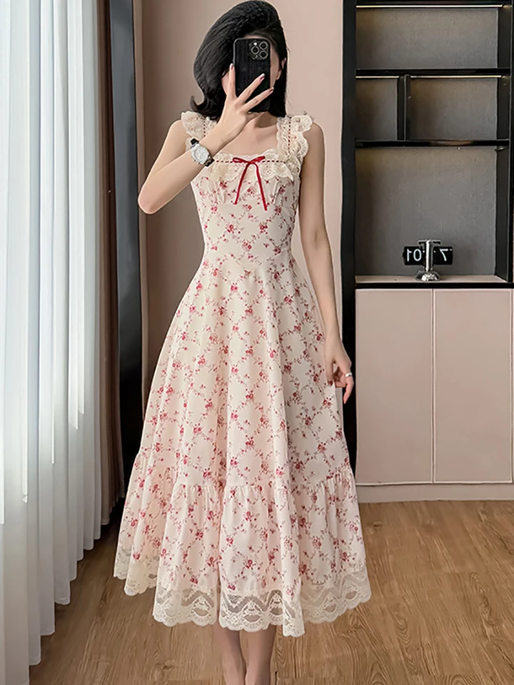 ワンピース Lace Quilted Bow Flower Brooch Sundress