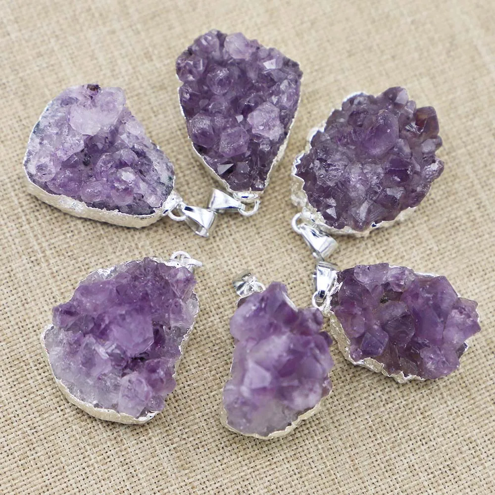 Natural Stone Raw Ore Amethyst Pendant Irregular Silver Edge Quartz Quality Purple Crystal Necklace Jewelry Gift Wholesale 10Pcs