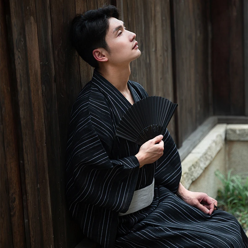 Traditional Japanese Kimono Samurai Costume Yukata Summer Men Long Robes With Belt Cotton Pajamas Set Male Sleepwear Bathrobe