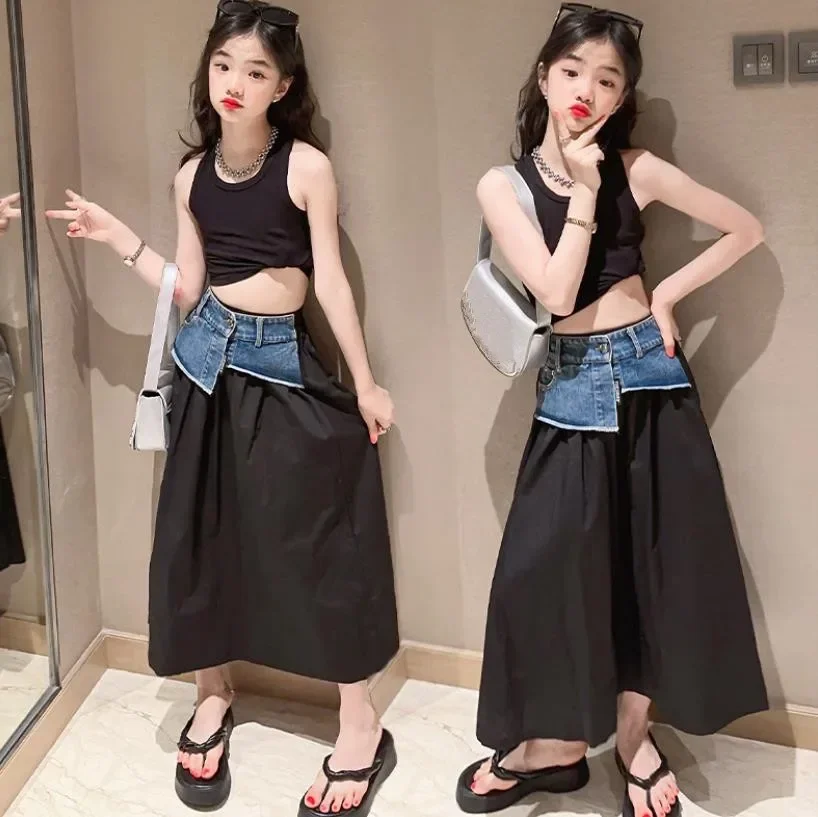 

Girl Vest + Skirts 2pcs Sets Summer New Sleeveless Tops Denim Patchwork Slirts Suits Children Black Sets 4-16 Years Wz1202