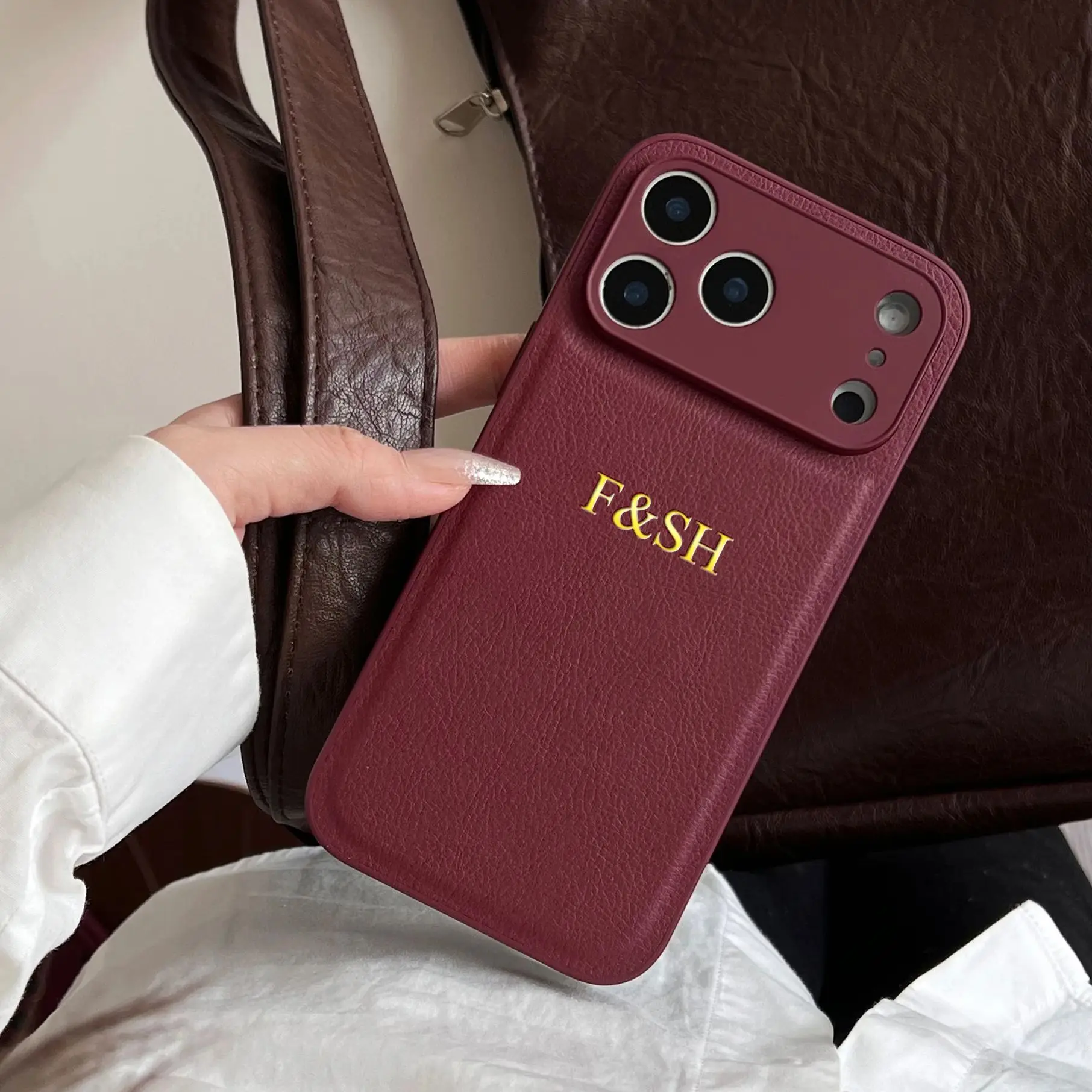 Personalised Custom Initial Gold Foil Faux Leather Phone Case_voghion.com