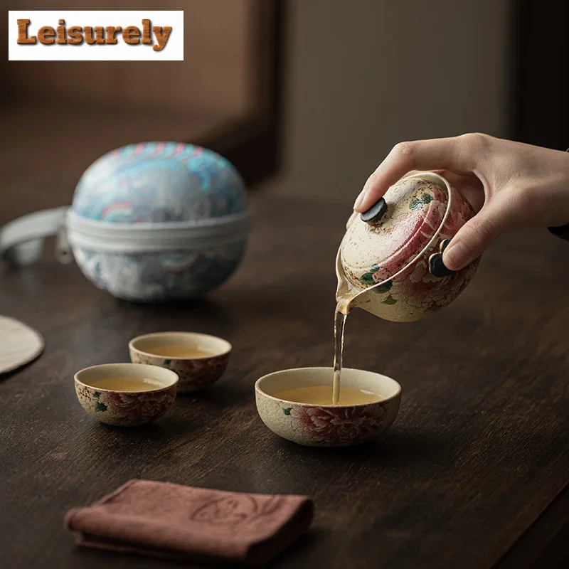 Blue And White Flint Red Ruyi Travel Tea Set Kit Japanese 1 Pot 3 Cups Tea Making Organizer Portable Outdoor Tote Bag Ornaments