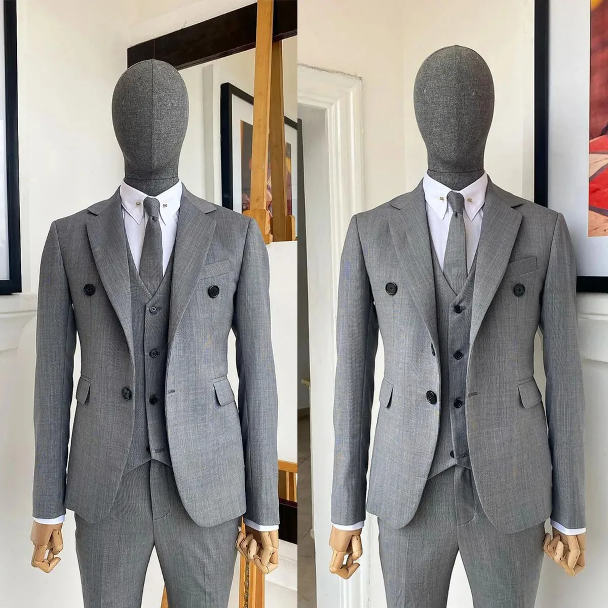 

Gray Men's Suits Tailor-Made 3 Pieces Blazer Vest Pants One Button Peaked Lapel Slim Gentle Business Wedding Plus Size Tailored