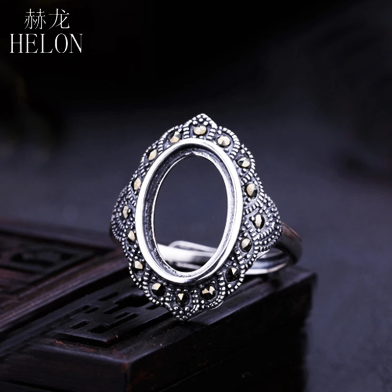 

HELON Sterling Silver 925 Women Engagement Wedding Ring Retro Art Deco 10x15mm Oval Cabochon Semi Mount Ring DIY Stone