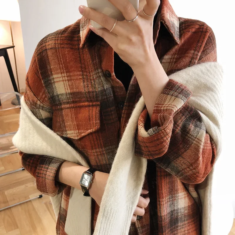 Women's Spring and Autumn Long-sleeved Tops Plaid Flannel Boyfriend Style Waist Shirt Loose Casual Street Ladies Korean Tops New autumn winter women s clothing stripes checkers printing midi shirt street fashion turn down collar loose buckle flannel coats