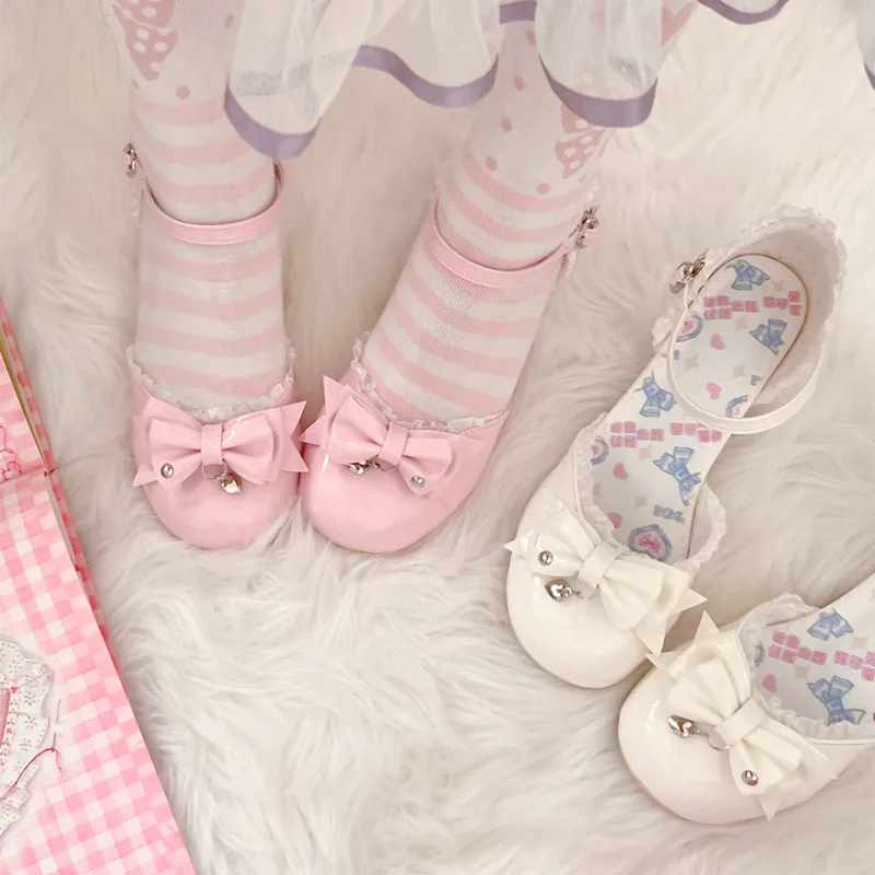 Original Lolita Sandals Women's Summer Elegance Low Heel Bow Hollow Cute Leather Lo Shoes Girls Bow Pumps