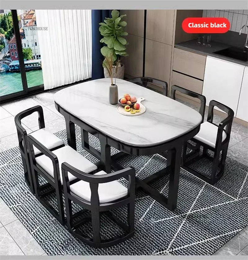 Nordic Space-saving 6-person Dining Table Home Solid Wood Dining Table and Chairs Minimalist Restaurant Marble Pattern Tables C