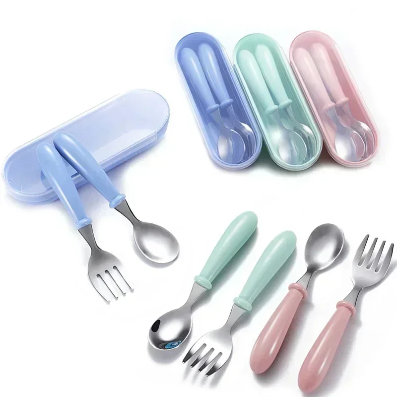 Children Spoon Forks with Box Kids Stainless Steel Cutlery Portable Baby Feeding Utensils Baby Food Spoon Fork Tableware Set stainless steel cutlery set fork spoon set