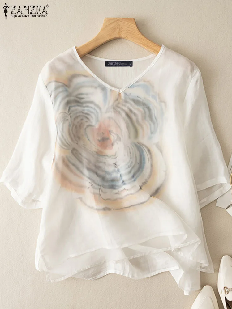 

ZANZEA Elegant Shirts Summer Floral Blouse Women V-Neck 3/4 Sleeve Tops Casual Loose Printed Blusas Femme Holiday Chemise Tunic