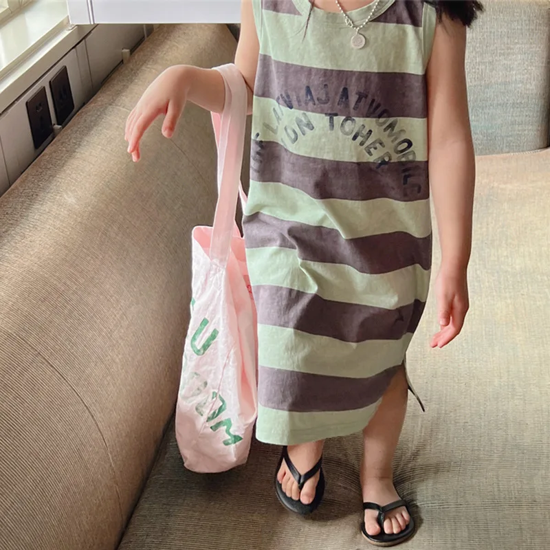 

2023 Summer New Baby Girls Sleeveless Striped Vest Skirt Children Letter Print Casual Dress Kids Toddler Versatile Strap Dresses