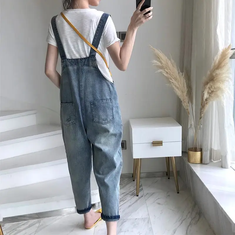 Korean Commute Sling Jeans Women's Spring Summer New Overalls Solid Color Loose Patchwork Pockets Cute Denim Ankle-Length Pants