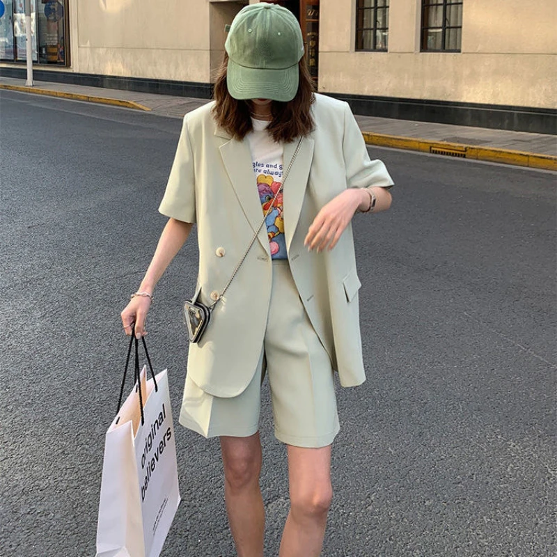 Clothing White 2023 Sleeve Summer Korean Style Blazer and Shorts Suit for Woman Kit Women's Short Pants Sets Complete Two Pieces