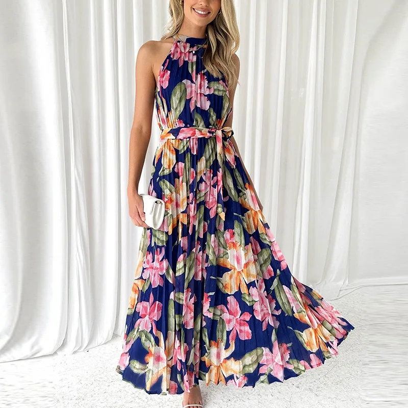 

2024 Spring Summer New Women's Hanging Neck Sleeveless Printed Leisure Holiday Swing Dress