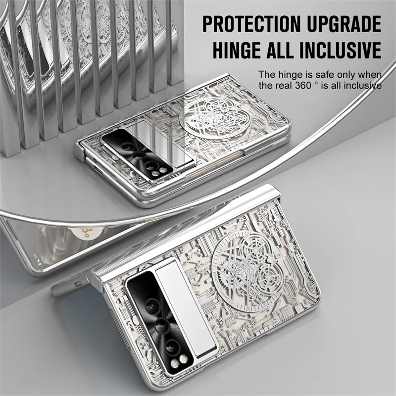 Enhanced Protective Phone Case with S Pen Slot and Tempered Film - Plated PC Hinge Folding Stand Design