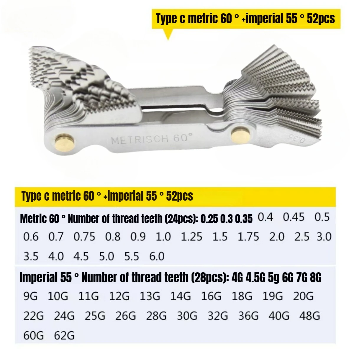 Stainless Steel Pitch Scale High Precision Measuring Tool Metric 60 and Imperial 55degree Thread Gauge Samples One Pcs 52 Blades