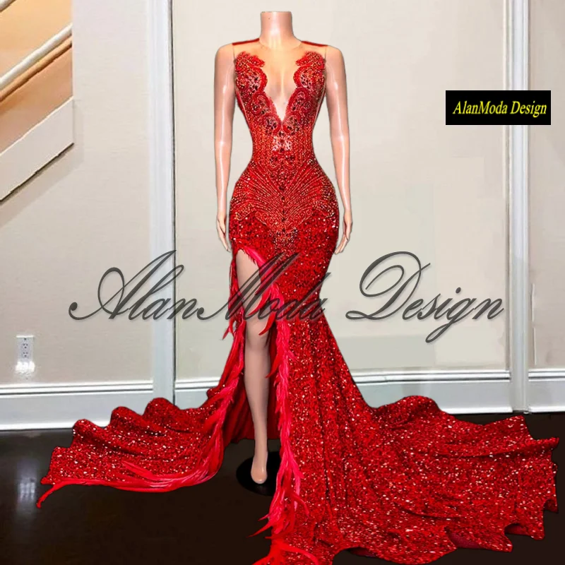 Elegant Red Diamond Split Prom Dresses Feathers Black Girls Mermaid Party Gowns Long Sequin Robes De Soir&eacute;e Cutomized