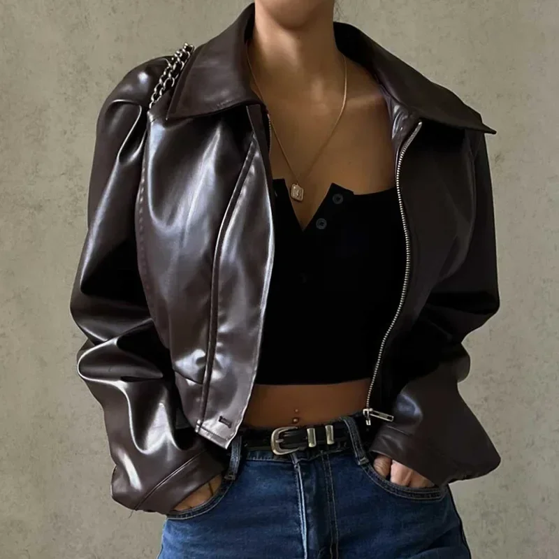 Faux Leather Jacket Women Fashion Brown PU Oversized Jacket Turn-Down Collar Zipper Cropped Jacket Coat Autumn Winter 2024