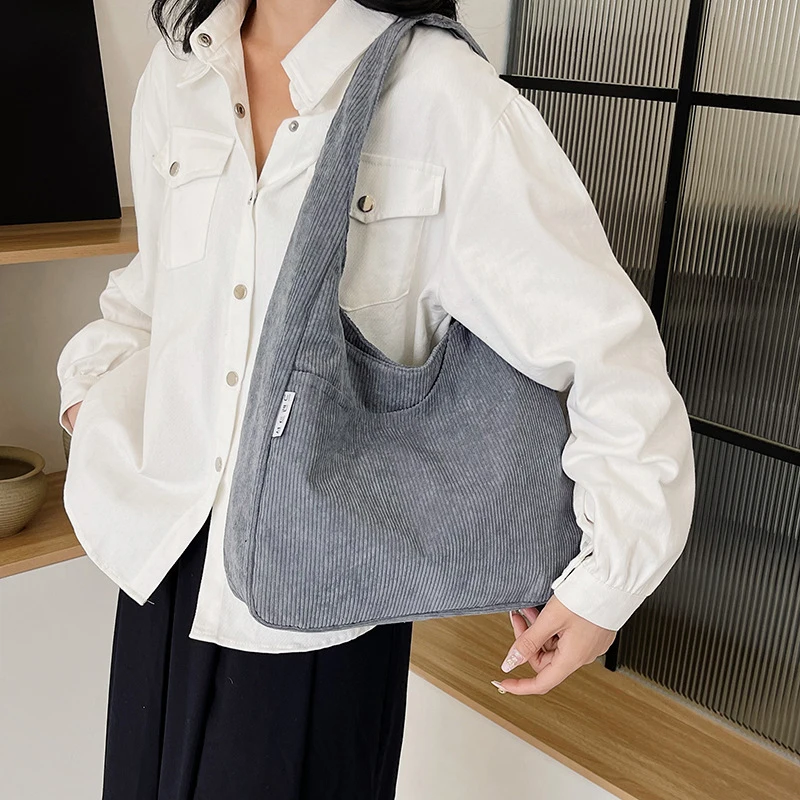 Canvas Shoulder Women's Tote Bag Corduroy Simple Casual Large Capacity Designer Handbags For Travel Solid Shopper Bag